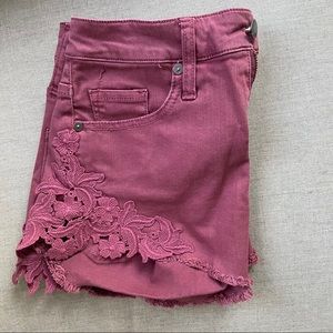 High rise floral embroider plum shorts